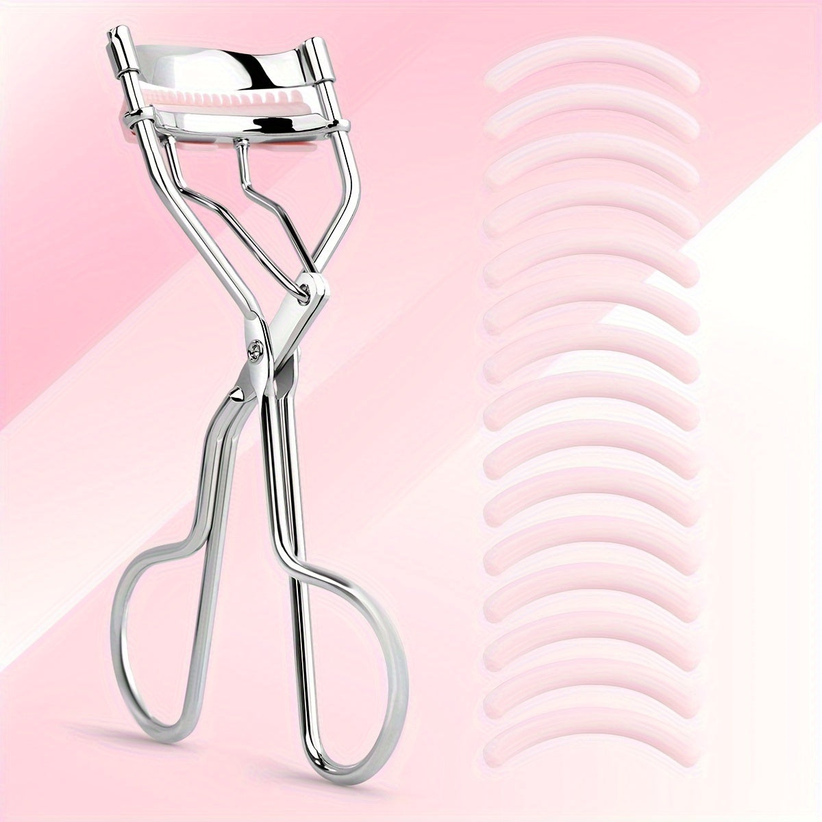 Portable eyelash curler with stainless steel handle, 15 silicone pads for curling and shaping without damaging lashes. Ideal for lifting and creating big, beautiful eyes on women.