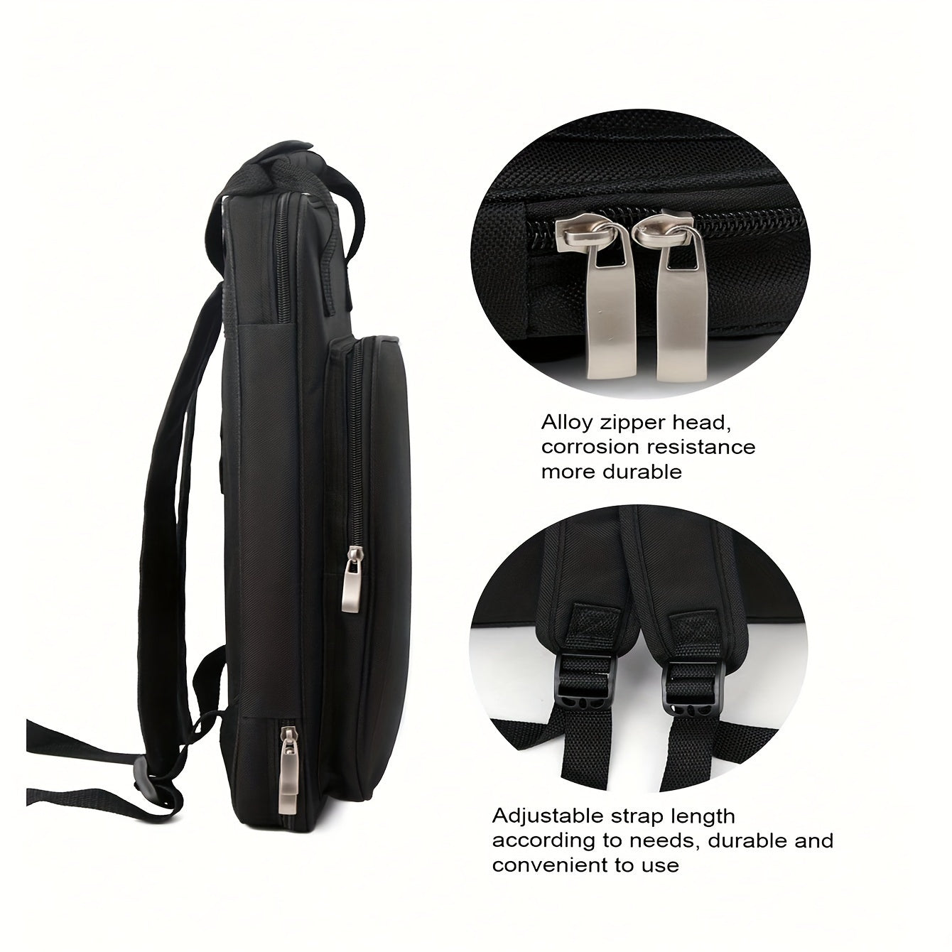 Thickened drumstick bag with premium durability. Holds 12 pairs, water-resistant, has backpack option and cushioned straps. Black, convenient hanging design, perfect for professionals.