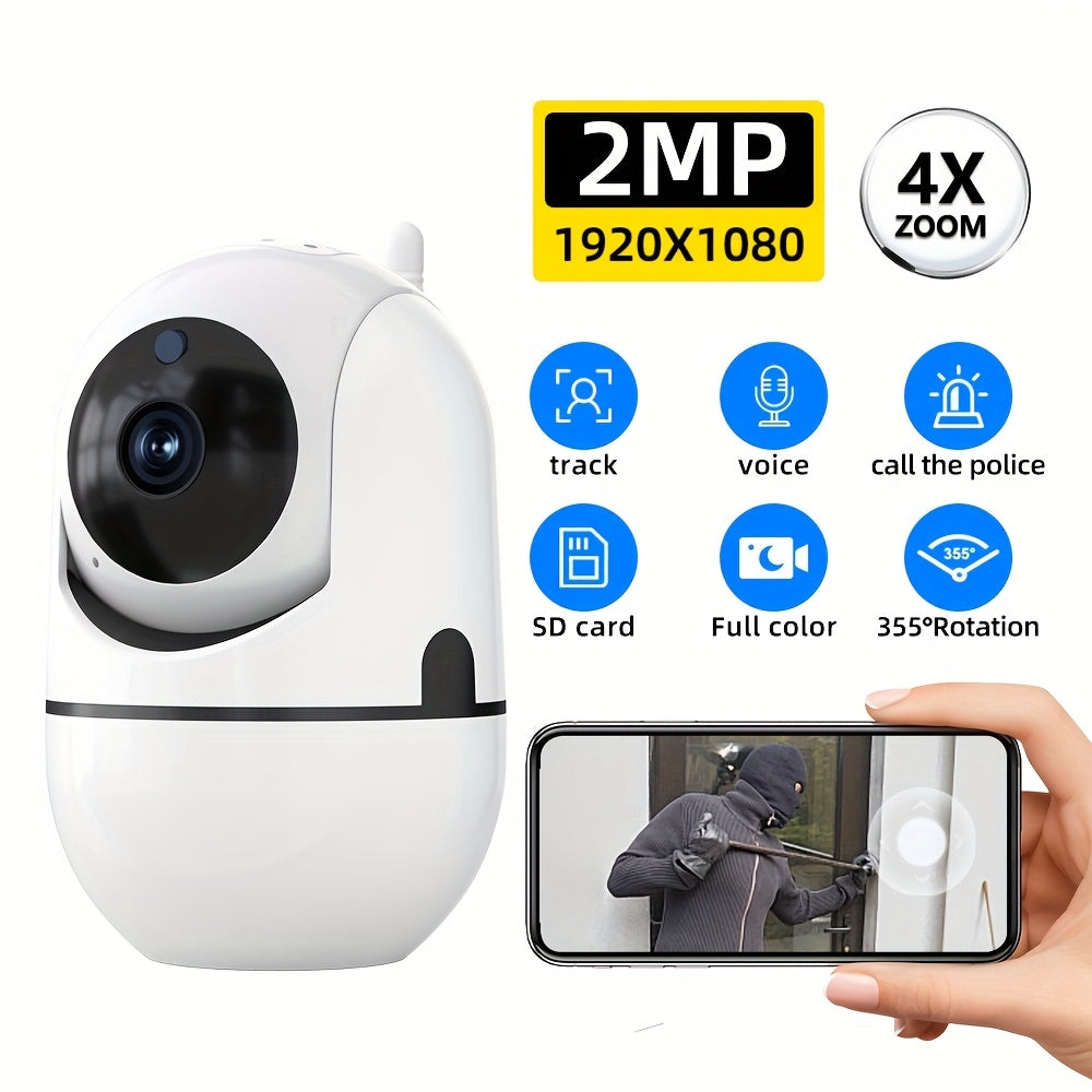 The WJG HD 1080P Wireless Security Camera offers AI Smart Human Tracking, Motion Detection, Alarm Push notifications, PTZ capability, Two-Way Audio communication, for both indoor and outdoor use. It is USB powered and compatible with smartphones.