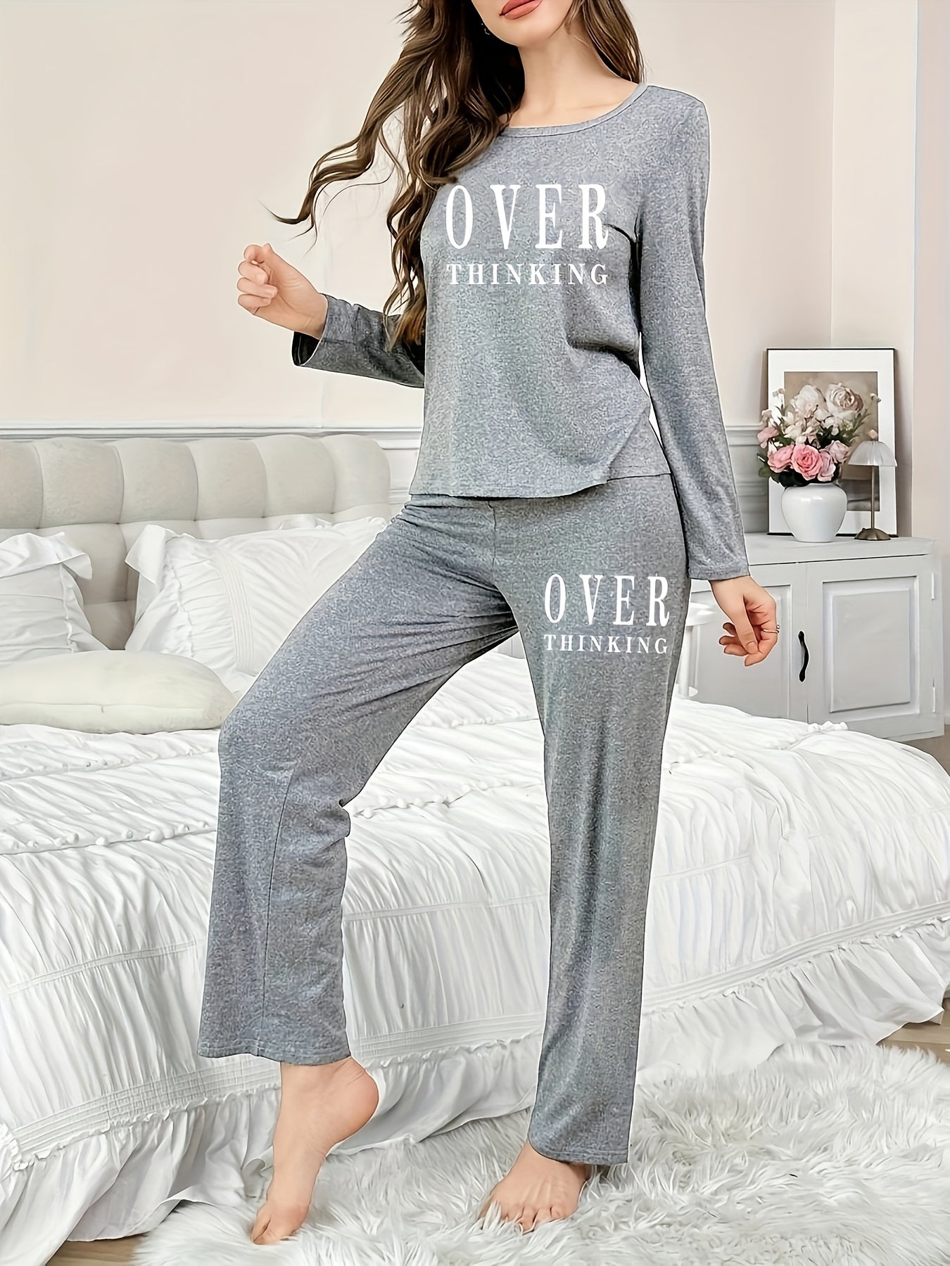 Letter print lounge set for women, with long sleeve top and pants. Perfect for fall and winter.