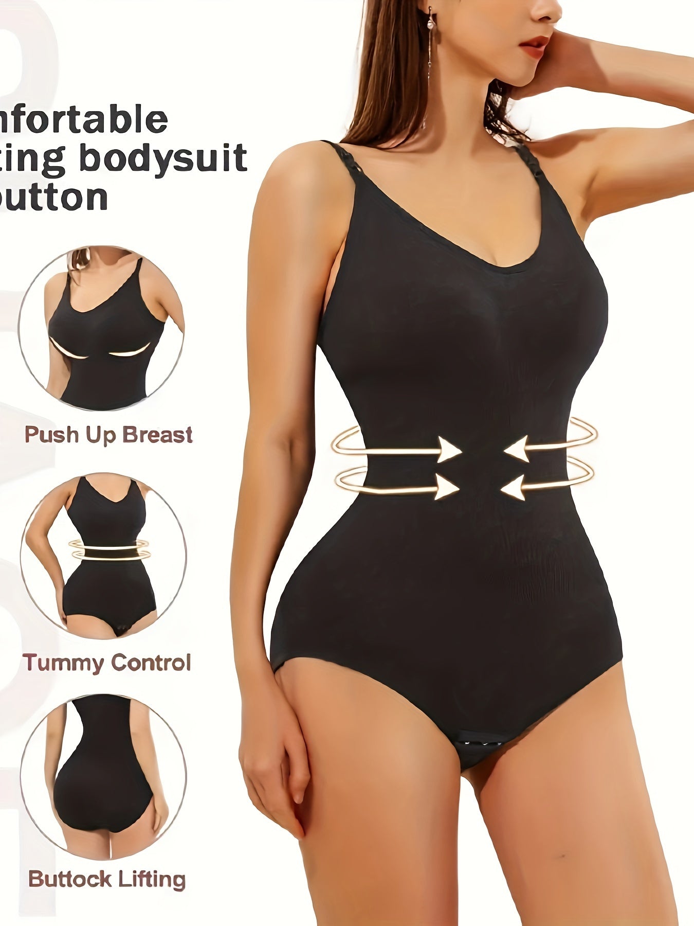 One piece black bodysuit for women with tummy control and butt lifting features. Made of breathable nylon/elastane blend. Hand washable. Achieve your ideal figure with everyday body shaping