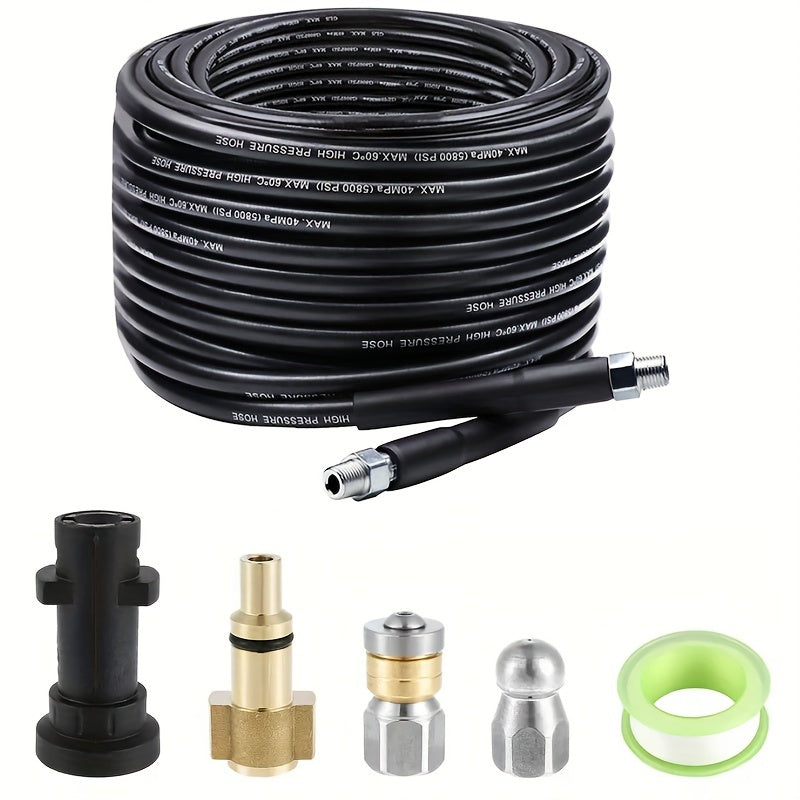 Powerful sewer jetter kit with 1/4" nozzle for clearing pipes and gutters. Available in 6m/20ft, 10m/33ft, 15m/50ft, 30m/100ft, and 45m/150ft sizes.