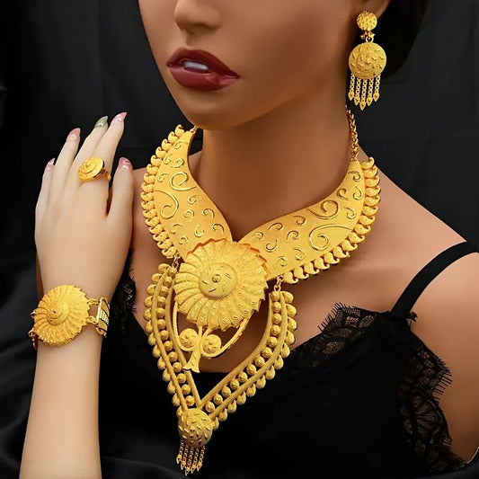 Middle Eastern Bridal Jewelry Set - Includes Arabic Style Necklace, Earrings, Rings, and Bracelets for Wedding, Fashion Shows, and Eid al-Fitr Celebrations - 4 pieces of luxury jewelry