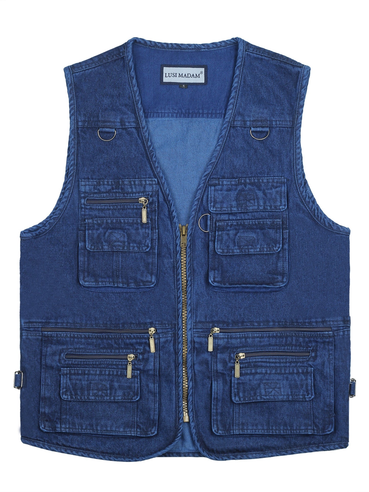 Men's sleeveless denim vest with multi-zipper design, made of 100% cotton. Perfect for outdoor spring and fall wear, casual and trendy.