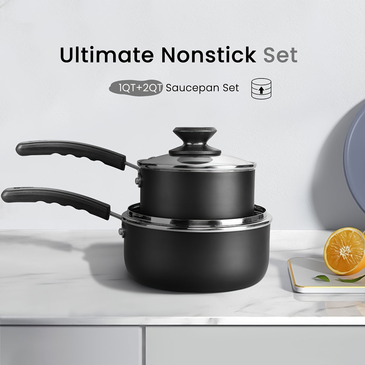 Set of two nonstick sauce pans with lids, including 1 quart and 2 quart sizes. Features stay-cool handles, induction compatibility, and PFOA-free coating. Ideal for cooking pots in the kitchen.