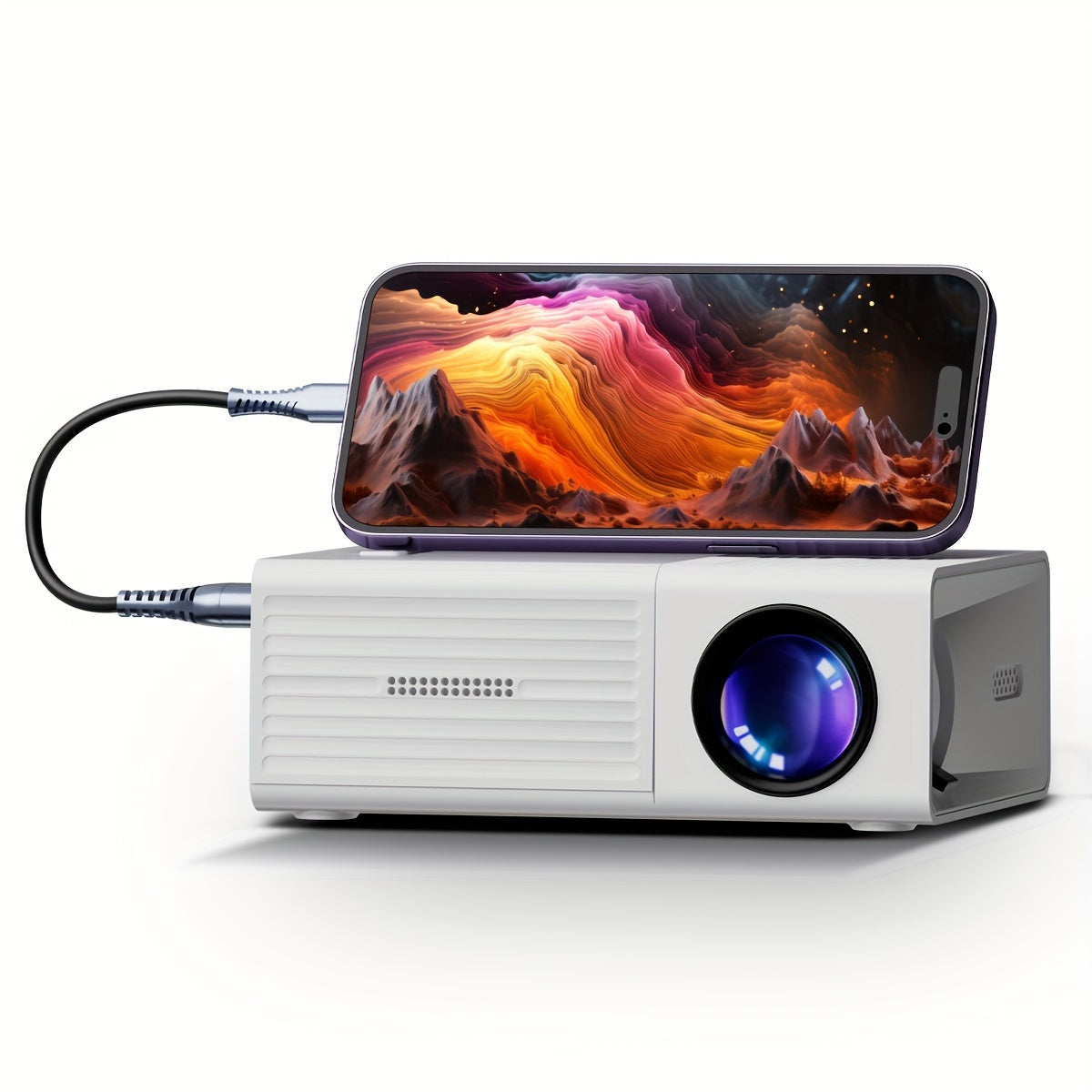 Portable mini projector with 3000 lumens and EU plug for indoor/outdoor movie nights. Features USB & HDTV connectivity, remote control, and compatibility with smartphones, tablets, and