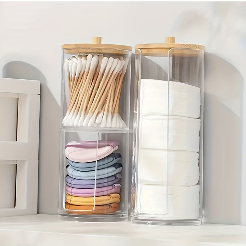 Bamboo lid storage box for cosmetics and ornaments.