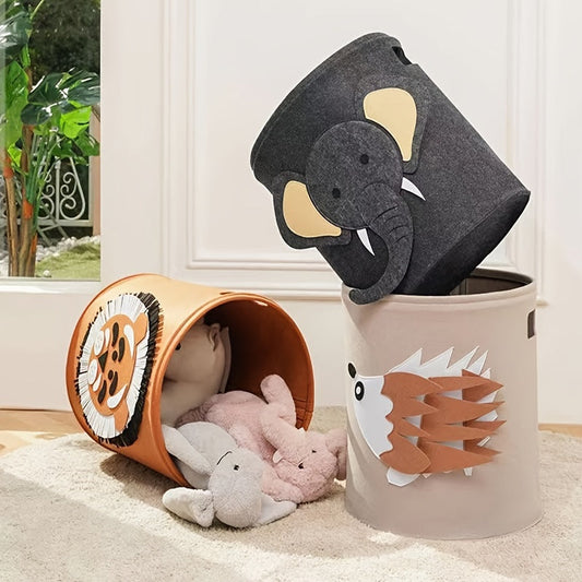 Dimensions of 13.8 inches by 14.6 inches, this cute Cartoon Felt Storage Bucket is ideal for storing children's toys, clothes, and infant items. A great addition to any nursery or play area!