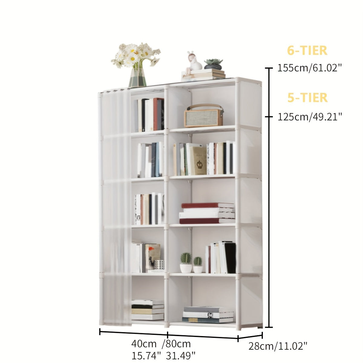 Large capacity bookshelf organizer with multi-tier metal storage for books, clothes & more, easy assembly, dustproof design with wheels. Ideal for home, office, or classroom. Versatile