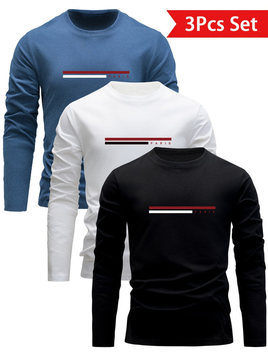 3 men's long sleeve cotton t-shirts for spring and fall, ideal for casual wear at home or out.