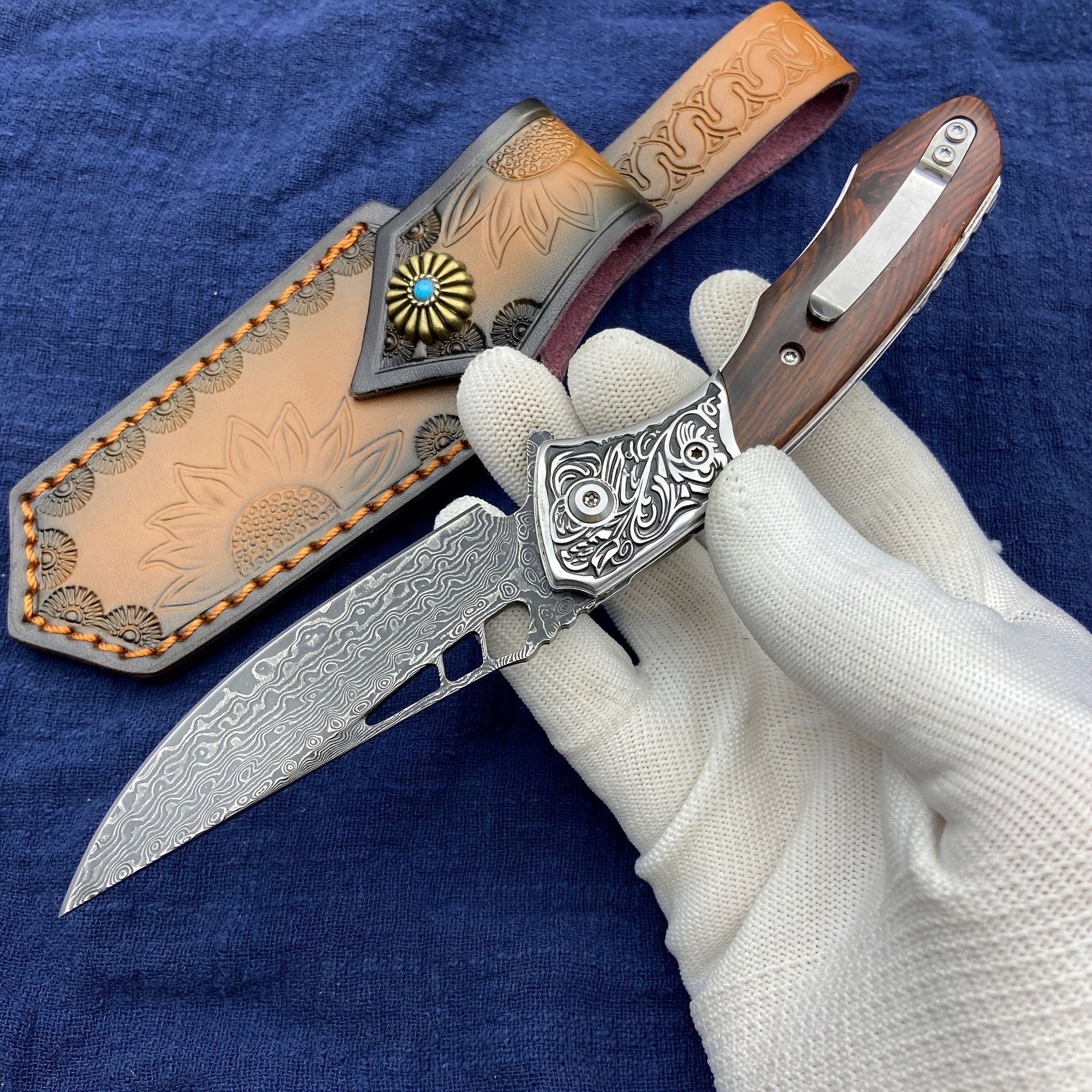 Leather Sheath for Damascus Folding Knife, Beautiful Sunflower Print Design with Convenient Carrying Rope for Easy Transportation