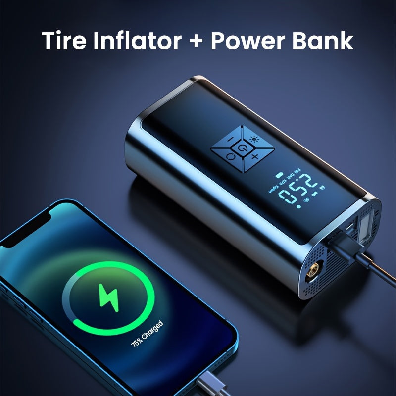 Portable tire inflator pump with LED light, USB rechargeable, 150 PSI, suitable for vehicles, bikes, motorcycles, and balls. Features 4500mAh lithium polymer battery and USB connectivity.