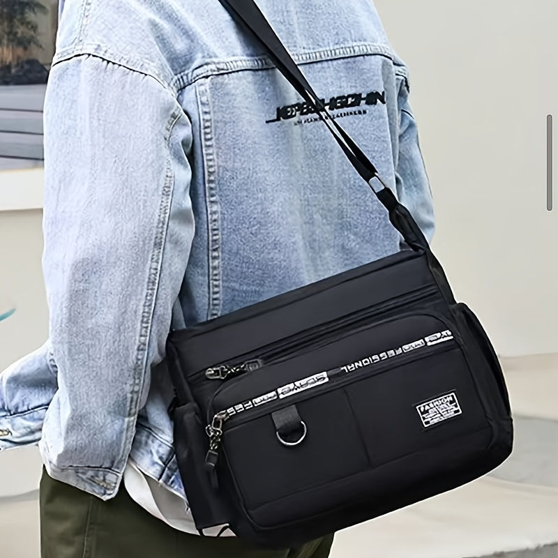 Men's casual nylon shoulder bag with large capacity, waterproof, wear-resistant material. Features multi-pockets, adjustable strap, and ideal for daily commute.