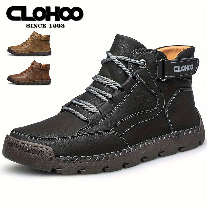 CLOHOO Men's High-Top Casual Ankle Boots with Handcrafted PU Upper & Lining, Rubber Sole for Enhanced Grip, Round Toe Lace-Up Closure, Warm Plush Interior, Solid Color Design for Outdoor