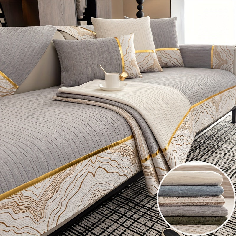 Chenille sofa cover in neutral tones with golden accents, suitable for all seasons, non-slip and pet-friendly, fits 1-4 seater L-shaped sofas. Machine washable and ideal for contemporary