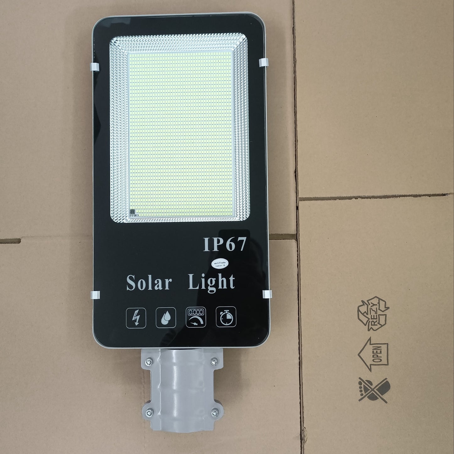 500W solar street post lights with 20AH battery, 25W solar panel, remote control, ABS material, infrared sensor, detachable floodlight with glass shade, lithium solar battery, mounting