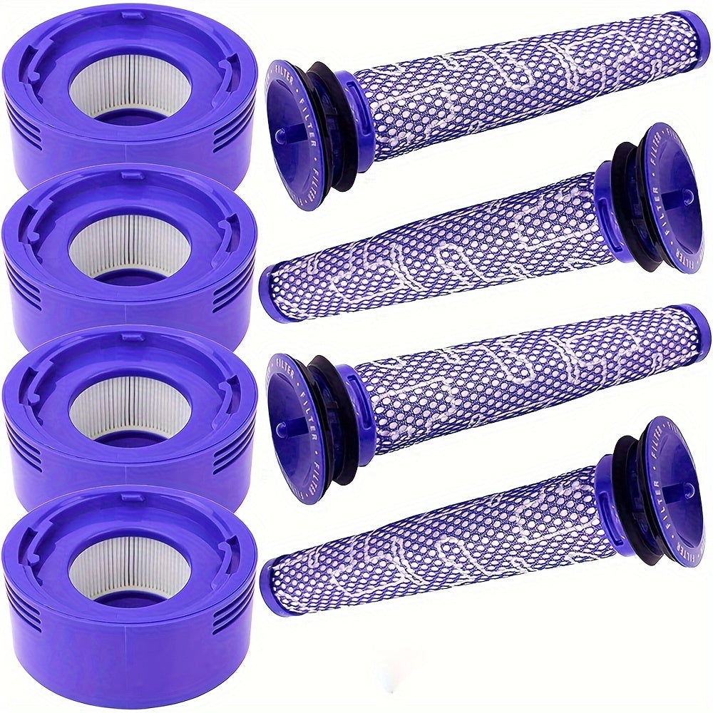 Get 8 replacement filters for Dyson V7, V8 Animal, and Absolute vacuums. These filters can be compared to parts 965661-01 and 967478-01 and include 4 pre-filters and 4 post-filters.