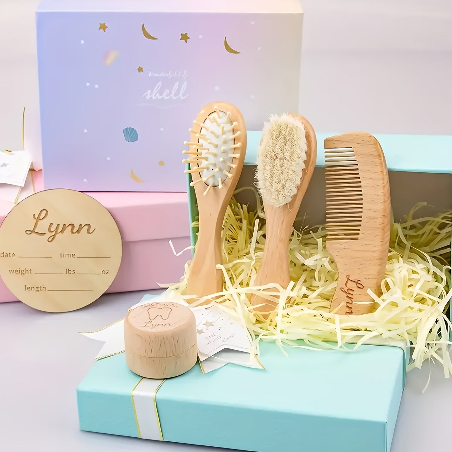 Set of 5 Personalized Custom Hair Brush and Comb Set with Wooden Tooth Box and Growth Milestone Plaque. Features Wool Bristles, Beech Handle, and Normal Hair Finishing Comb.