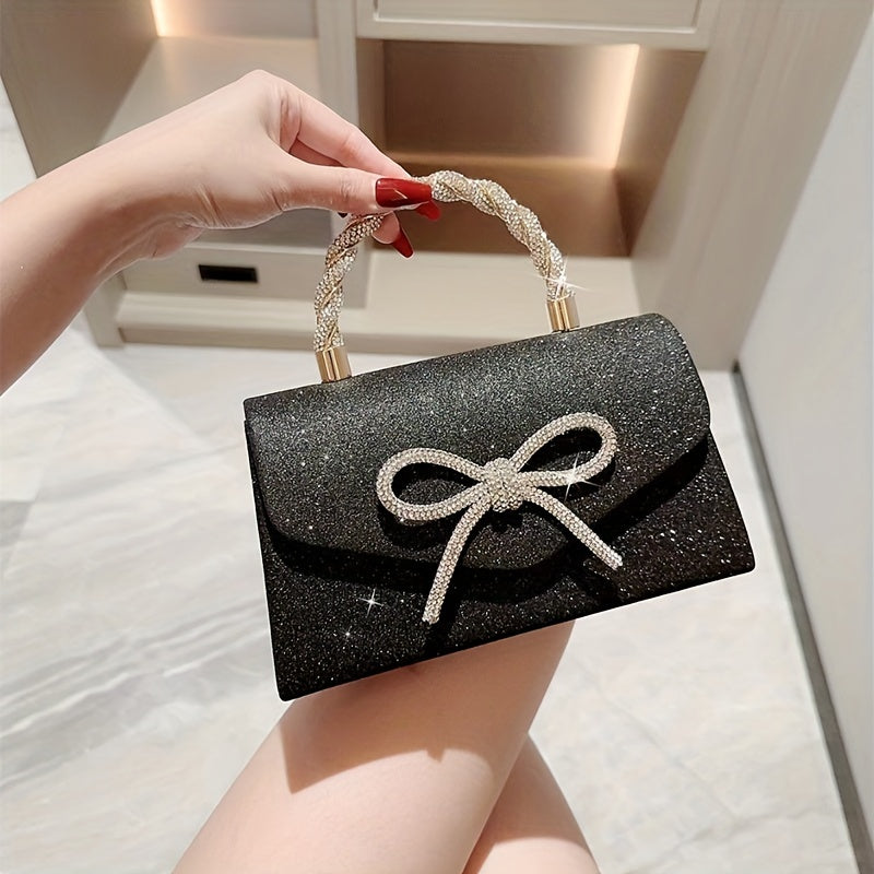 Stylish clutch bag for women, with rhinestone bowknot and chain strap, in polyester material. Magnetic closure, available in black, gold, and silver gray.