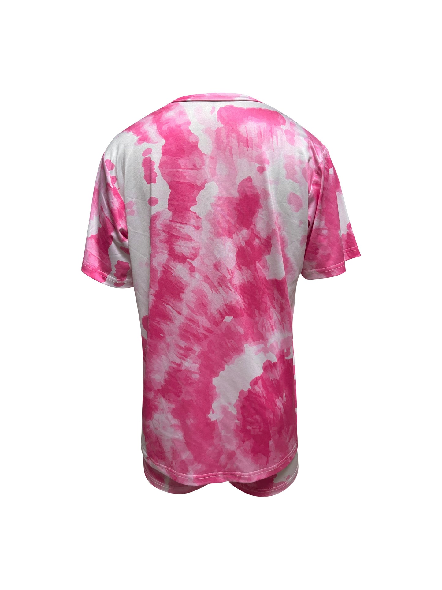 Women's casual tie dye lounge set with short sleeve crew neck top and shorts for loungewear and sleepwear.