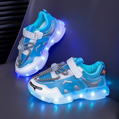 Children's LED light-up sneakers with breathable mesh, non-slip soft sole, and trendy street style for nighttime visibility, ideal for outdoor play and sports in white/blue/orange designs.