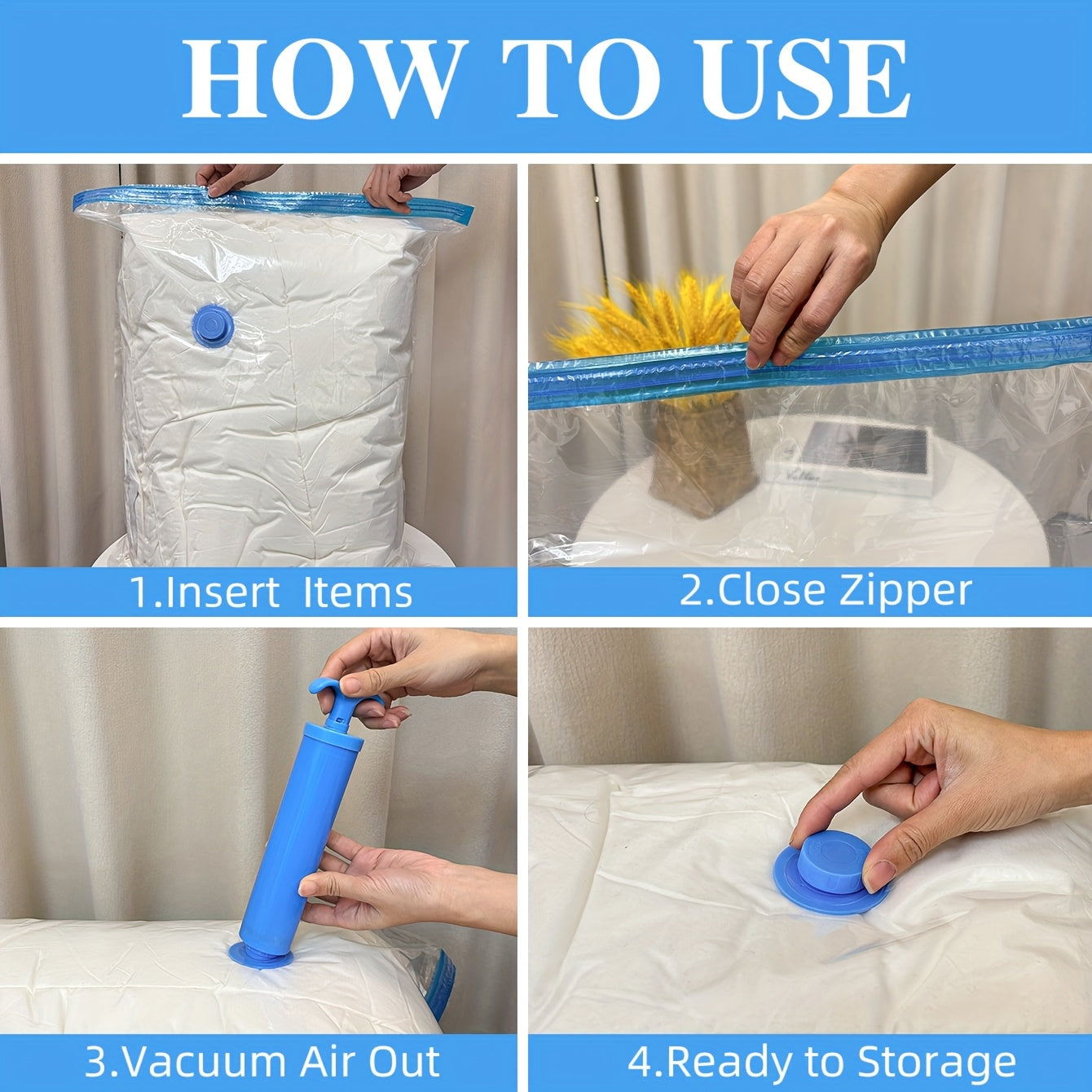 Set of 5 compression vacuum storage bags with 4 transparent bags and 1 hand pump. These sealed bags are ideal for storing clothes, bedding, pillows, blankets, plush toys, travel accessories, and more, effectively saving space.