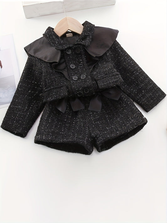 Girls' elegant 2-piece outfit set with long sleeve jacket and shorts, perfect for fall outdoor activities.