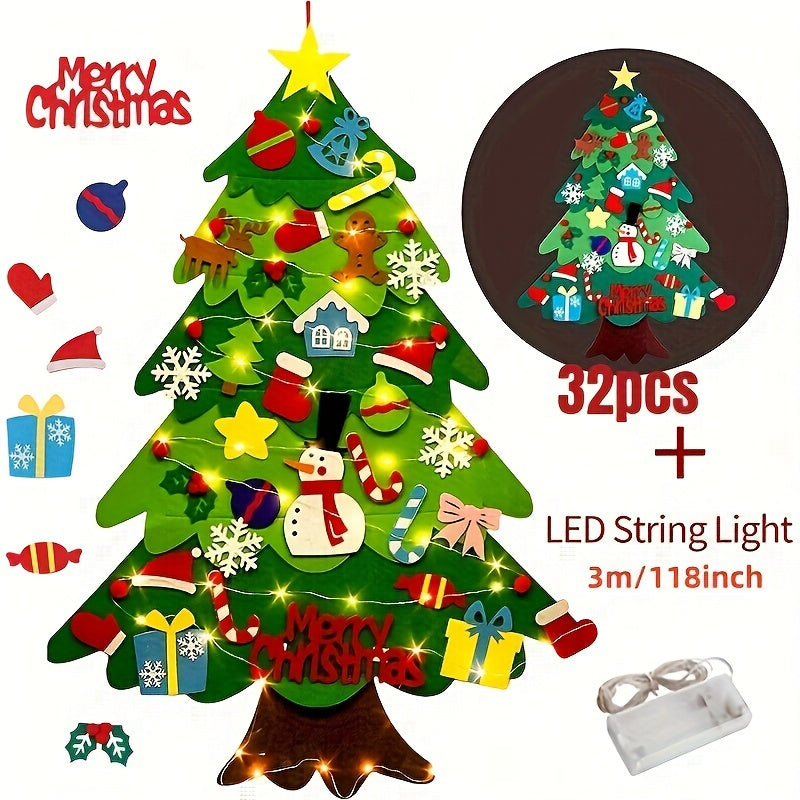 Christmas felt tree decoration with non-woven material, suitable for both indoor and outdoor use. Powered by two AA batteries, no need for electricity.