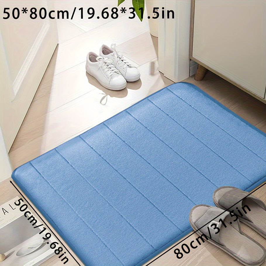 Set of memory foam bath mats, featuring ultra-soft and absorbent material with a non-slip backing. Ideal for use in the bathroom, shower, laundry room, or outdoor entrance. Made of durable polyester that is easy to clean in the washing machine. Can also