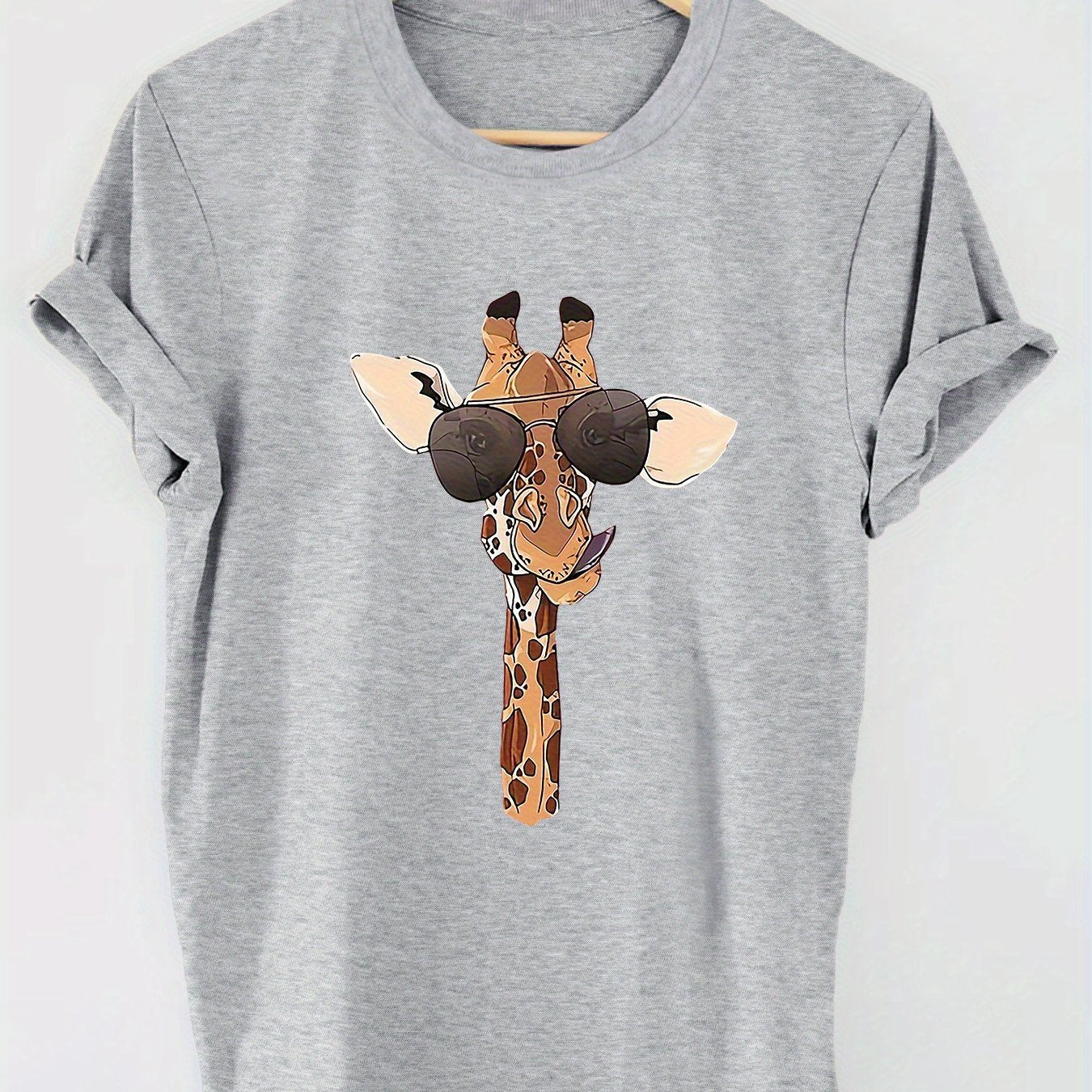 Giraffe Print T-shirt, Short Sleeve Crew Neck Casual Top for Women's Summer & Spring Wear