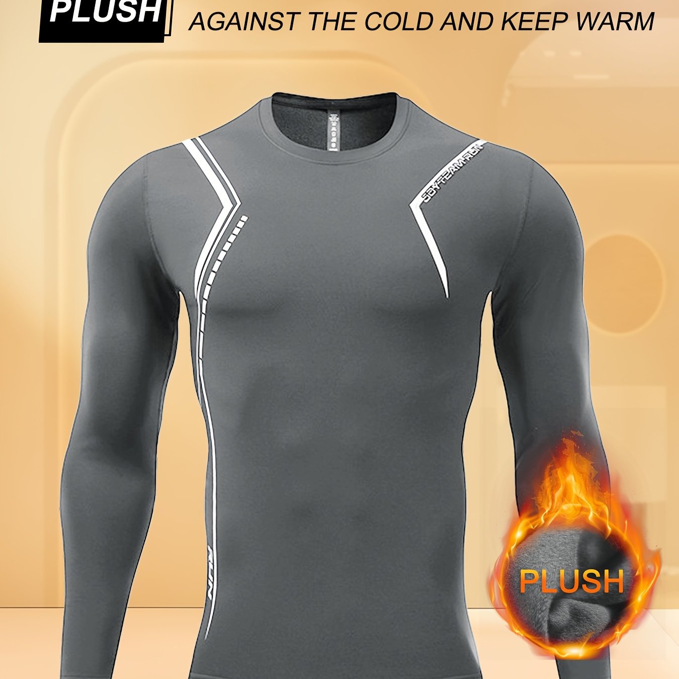 Men's Thermal Fleece-Lined Compression Shirt with Irregular Print Design for Outdoor Activities, Machine Washable