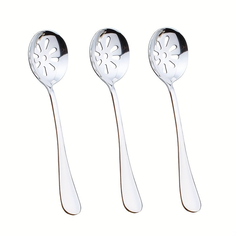 Six-piece stainless steel buffet dinner restaurant service spoon set includes three regular service spoons and three slotted service spoons in silvery color, perfect for party banquets.