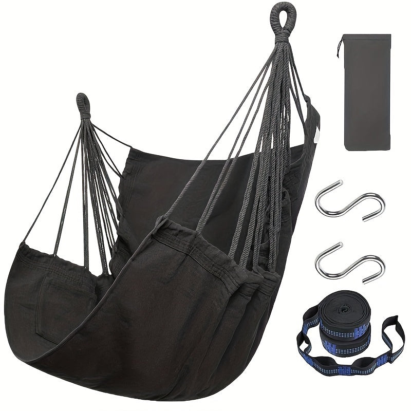 The package includes a hammock chair, two thick cushions, two 1.5-meter straps with 5 loops and 1 buckle, two climbing S-hooks, and a canvas storage bag. High-end configuration for export