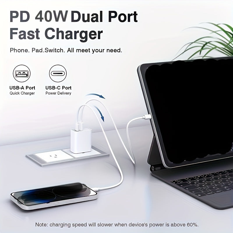 HengYe 40W Dual Port USB-C Wall Charger with fast charging for various devices - Type C plug, includes 100.58cm cable.