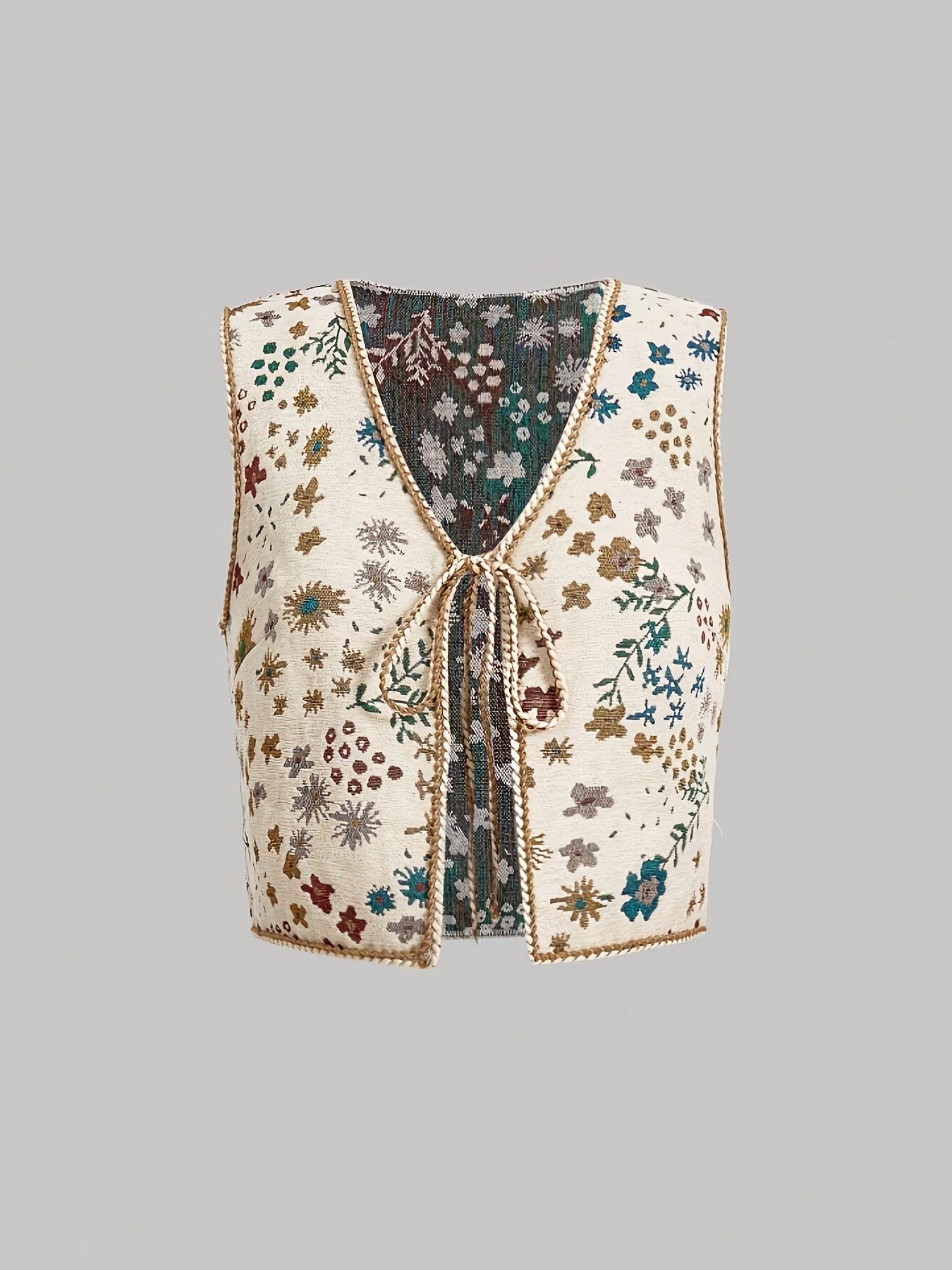 Women's embroidered plant pattern polyester vest with v-neck, sleeveless design, jacquard belt, and waterproof fabric - perfect for spring/fall fashion.