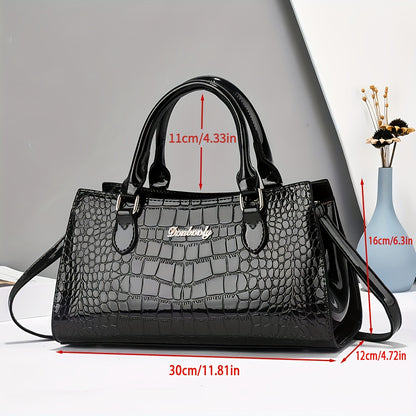 Fashionable black crocodile-embossed women's handbag with adjustable strap, zip closure, and wrist strap. Lightweight and versatile for everyday use, can be worn as a crossbody or shoulder