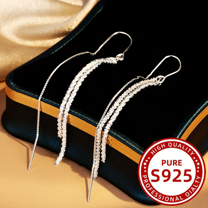 Dazzling Sterling Silver 925 Hypoallergenic Chain Design Dangle Earrings, Perfect for Wedding and Special Occasions