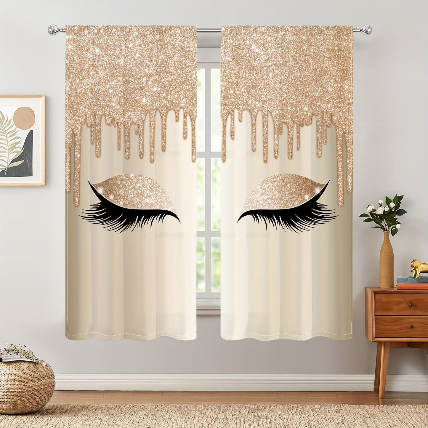 Set of two Eyelash Printed Curtains, Rod Pocket Window Treatments ideal for Bedroom, Office, Kitchen, Living Room, Study, and Home Decor. Enhance your room with stylish and aesthetic decorative curtains.