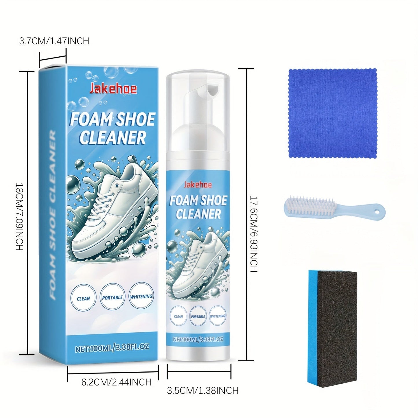 Introducing Jakehoe Foam Shoe Cleaner, a gentle formula designed for deep stain removal. This residue-free liquid cleaner features sodium bicarbonate and is safe for use on various materials, including canvas. Each 1L bottle comes with a towel, brush