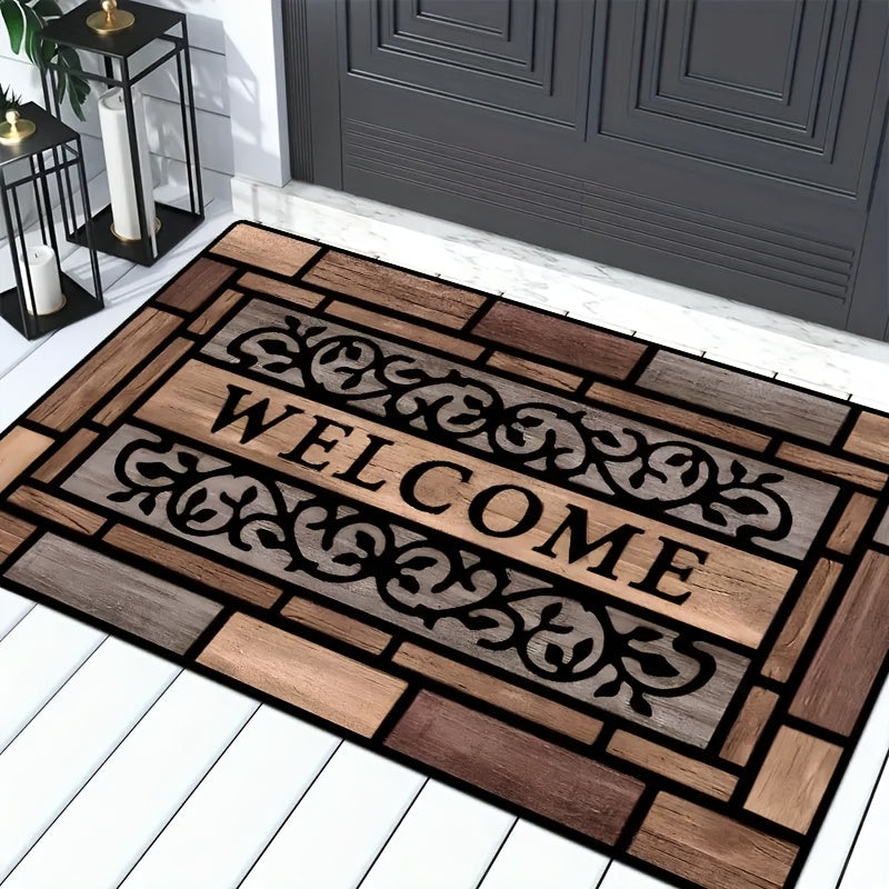 Inviting Entryway: Wood-Texture Door Mat with Anti-Slip Backing, Long-Lasting Polyester Material, Resistant to Stains - Perfect for Home Decor and Welcoming Guests