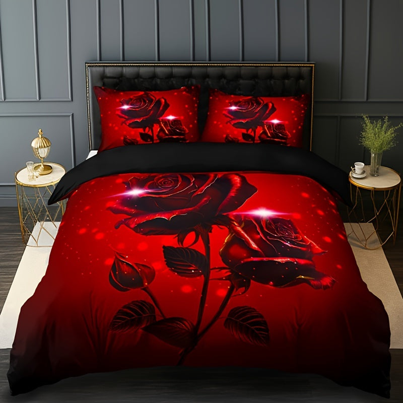 Red Rose Print Duvet Cover Set - Includes 1 Duvet Cover & 2 Pillowcases, Made from Breathable Polyester, Easy to Clean in the Washing Machine - Ideal for Use All Year Round