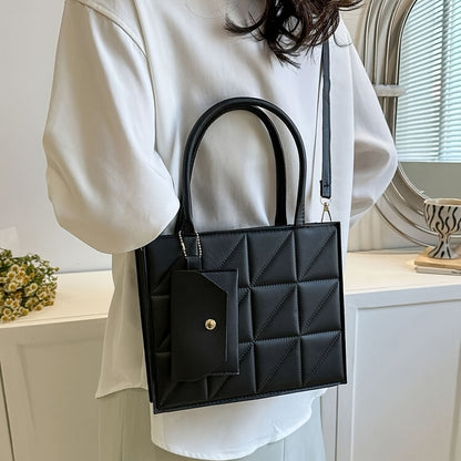 Black quilted synthetic leather tote bag with gold-tone hardware and detachable crossbody strap. Includes matching coin purse. Perfect for work, office, and everyday use. Ideal commuter