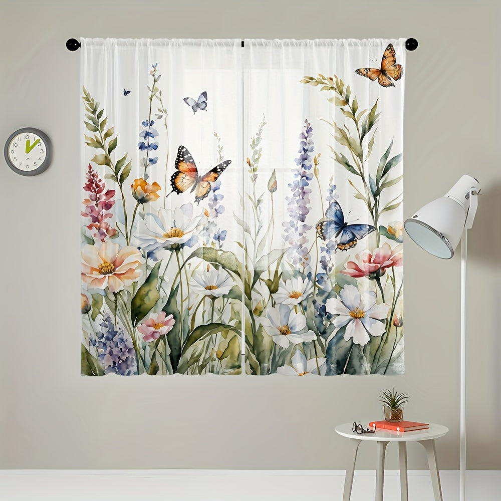 Get two stunning Vibrant Floral & Butterfly Print Sheer Curtains for your living room or bedroom. Made from high-quality polyester, these curtains are easy to hang with a rod pocket design. Their semi-transparent finish adds a touch of elegance to your