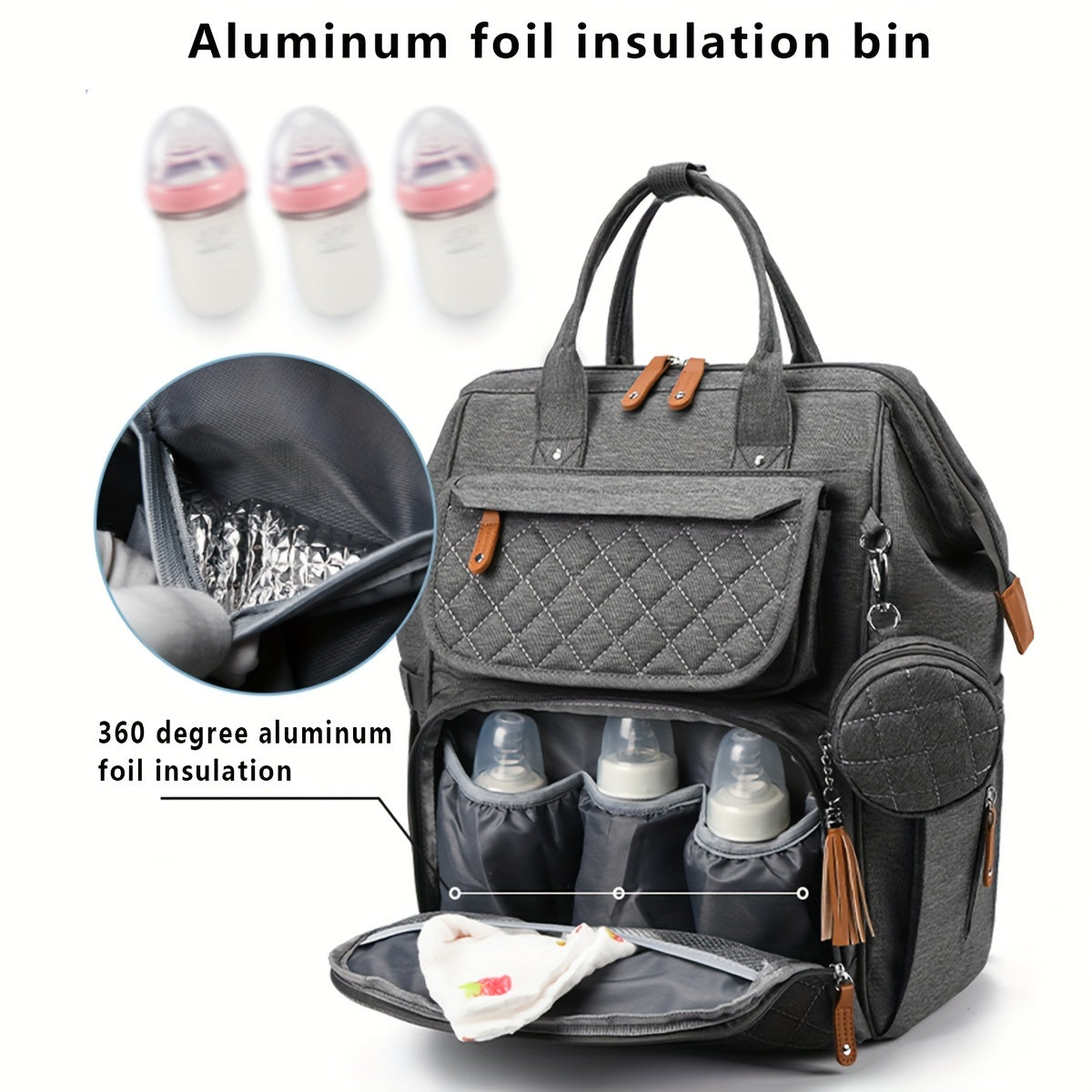 Portable mom storage backpack with large capacity and multiple compartments for diapers and milk bottles.