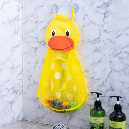 Adorable frog and duck hanging storage bag with suction cups. Made of lightweight PVC and polyester mesh. Mounts on wall for bathroom accessories, toys, and more. Green and yellow. Perfect bathroom organizer.