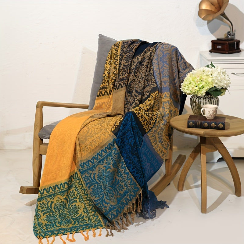 Boho jacquard chenille tassel blanket perfect for napping, cozying up on the sofa, or using as a casual bedspread.