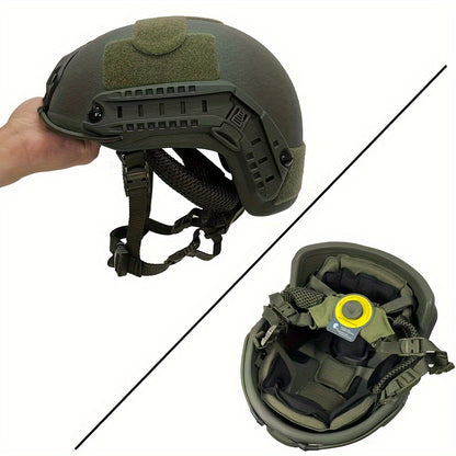 Green fiberglass tactical helmet with adjustable suspension for outdoor sports and CS paintball games.