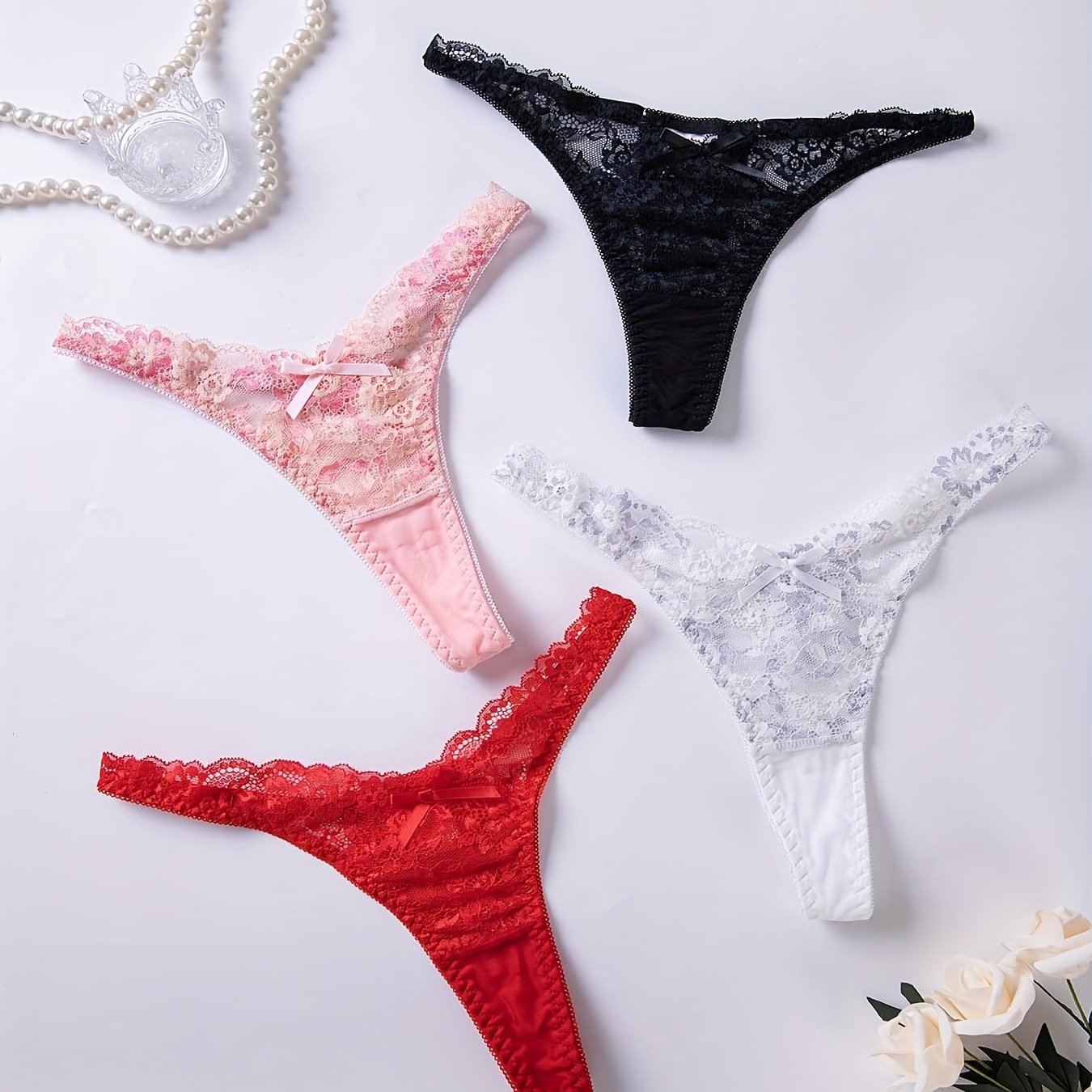 Set of 4 Lace Thongs with Bow Knot, Women's Sexy Lingerie