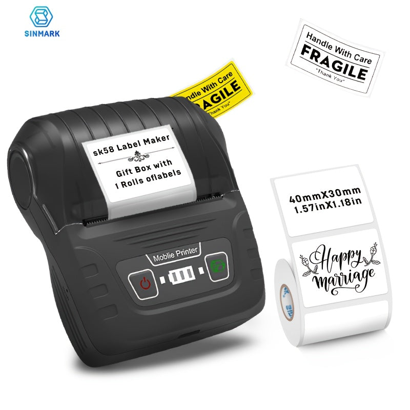 SINMARK Portable Thermal Label Maker Printer with 1 Roll Labels, USB Charging, Rechargeable Battery, Wireless.