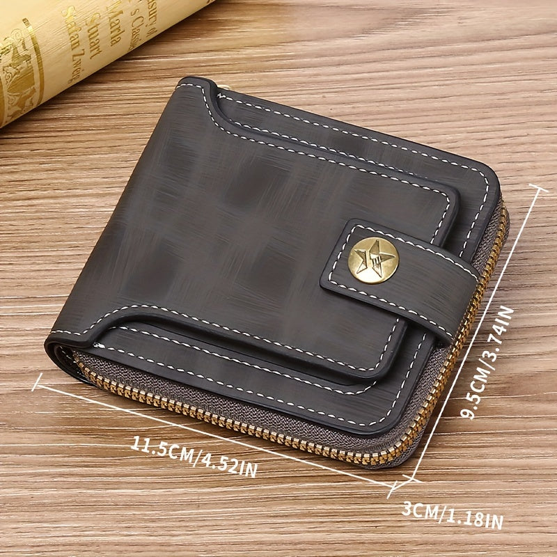 Men's small PU zipper bag with button decoration, credit card holder, and bifold design.